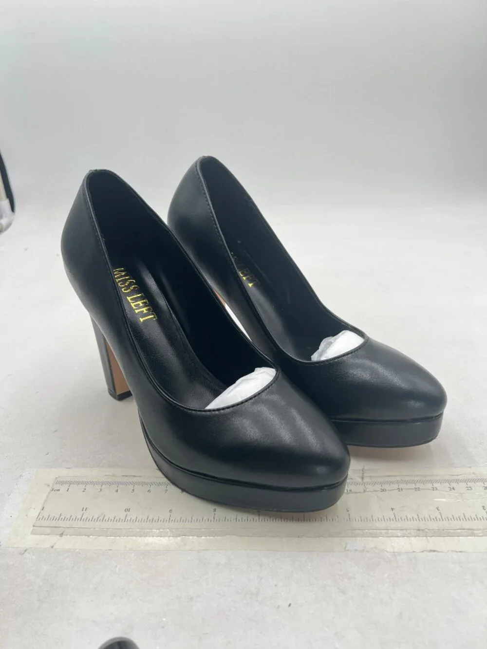 miss left Black Platform Closed Almond Toe Pumps Slip On Block Heels Shoe